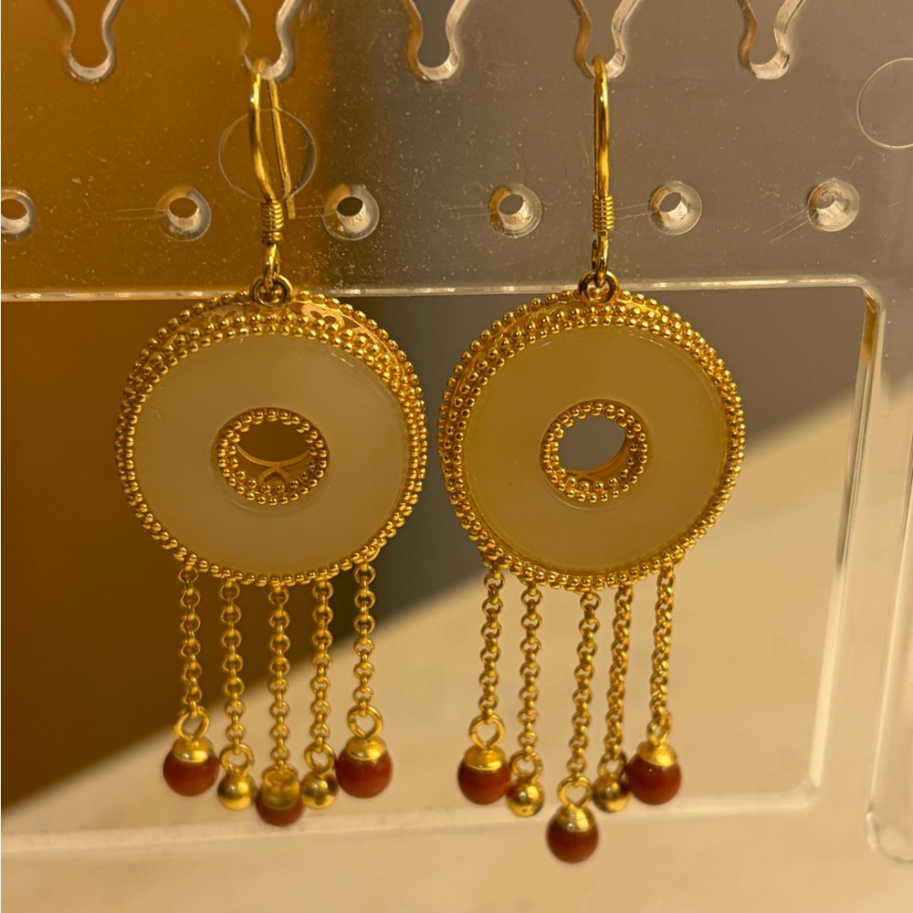 Elegant Gold and Cream Dangle Earrings with jade